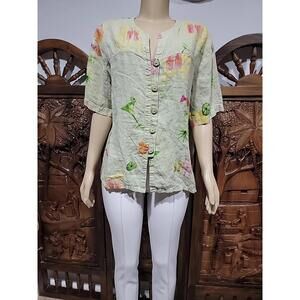 Produce Company Womens Multi-Prints Button Up Shirt Top XL 100% Linen Artsy #W8
